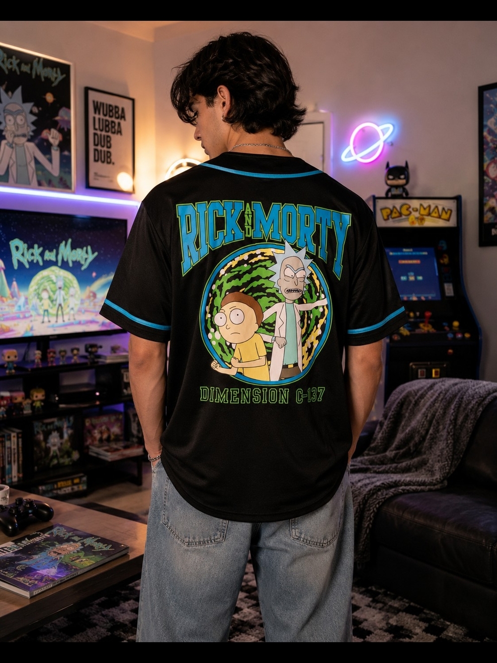 Rick and Morty Dimension C-137 Baseball Jersey Black Blue Men's Medium NWOT
